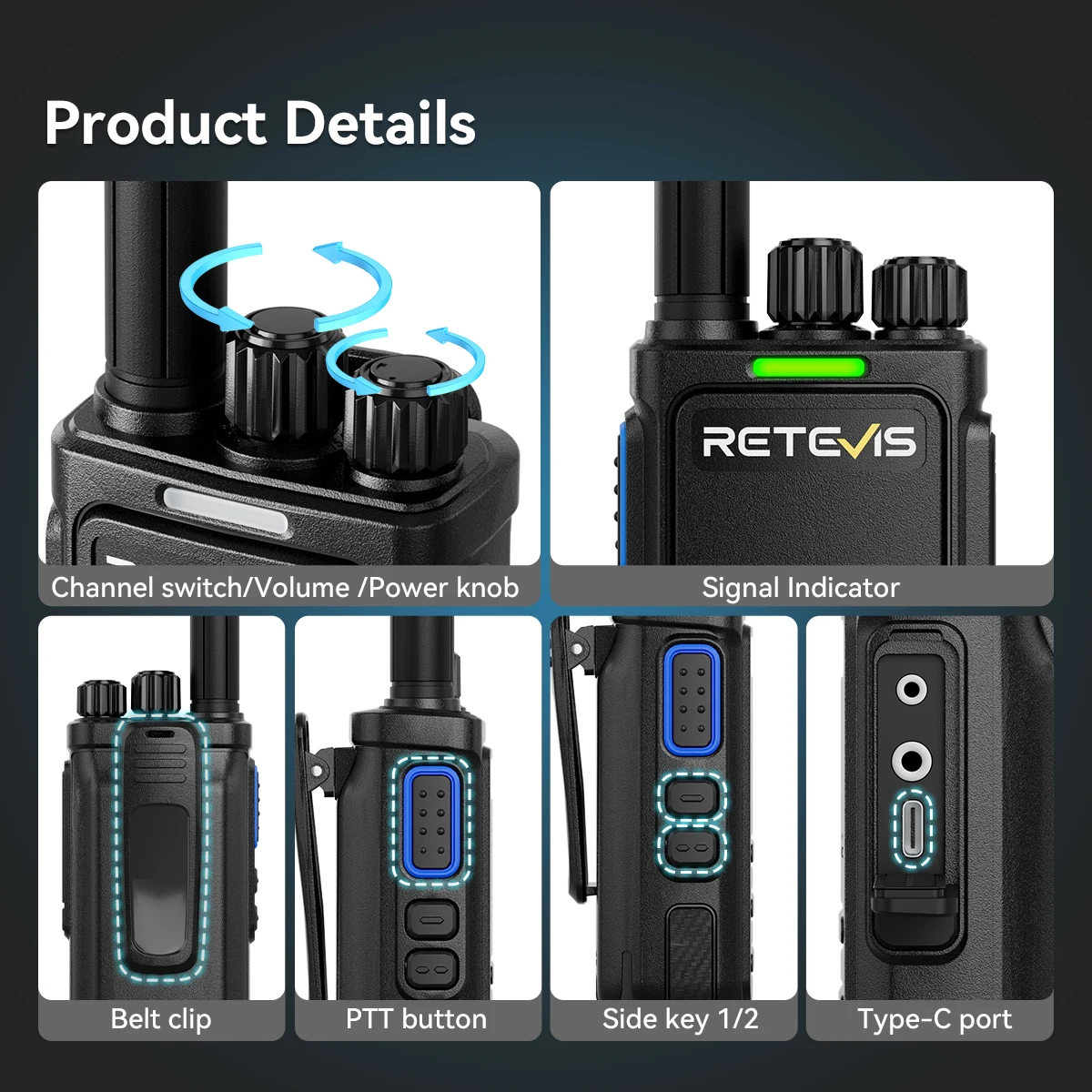 Retevis MateTalk B64 Walkie Talkie PMR Tragbares Funkgerät Rauschunterdrückung Langlebiges VOX TypeC Mehrsprachiges Radio für die Fabrik – Detail 9