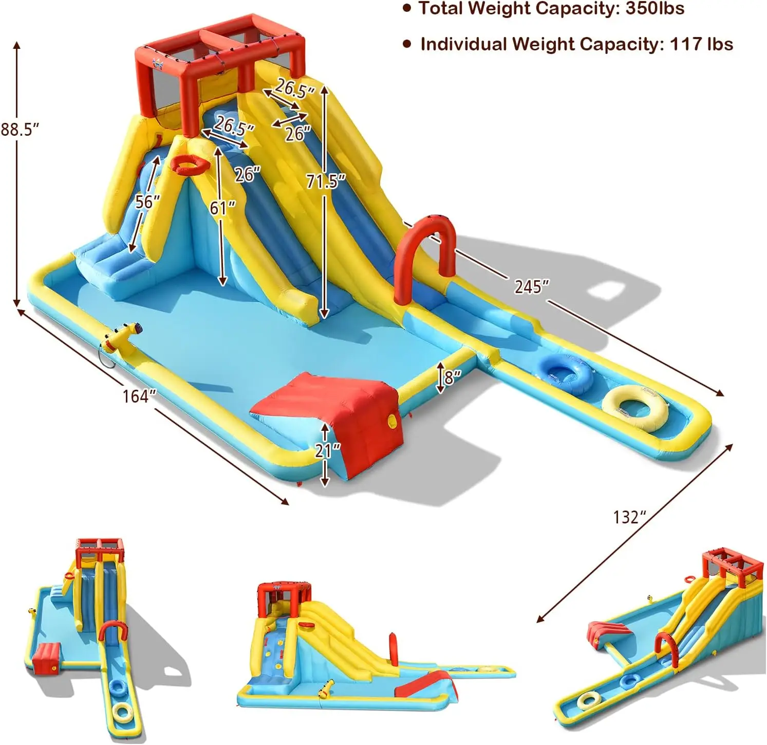 Corrediça de água inflável, slides duplos, parque de corrediça de água para crianças, castelo inflável com 2 anéis de natação, ventilador, grande piscina de respingo, parte traseira