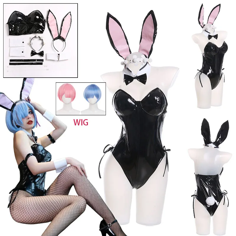Costume de cosplay WHH Anime From Zero Ram Rem en cuir noir sexy et mignon de lapin pour femme, idéal pour Halloween, fête costumée et mascarade