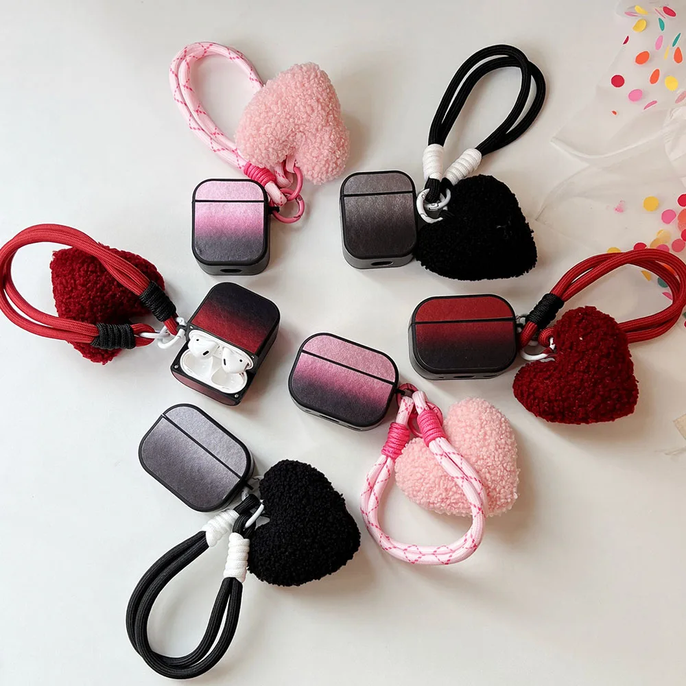 Capa De Couro Gradiente para Apple Airpods Pro 1, 2, 3, Capa Do Fone De Ouvido Bluetooth, Pelúcia, Pingente De Coração, Pulseira Corda, Coréia INS