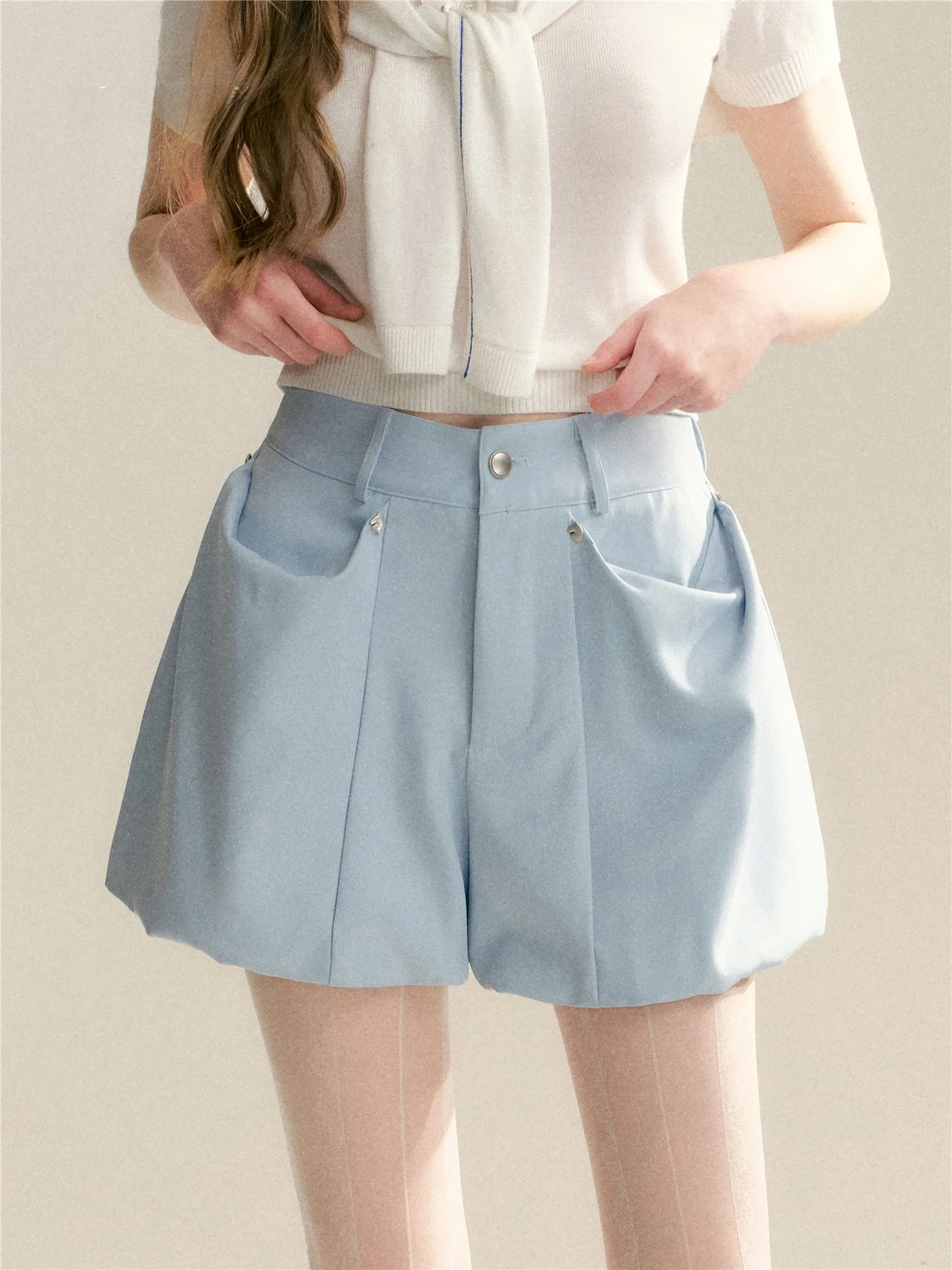 

Blue Casual Women's Suit orts 6DEWS ket Pleated Design A-Line Bloomer orts High Waist Button Closure Casual Sle