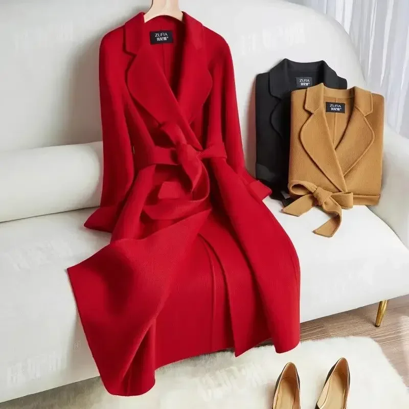 double-sided cashmere coat women's long New simple but stunning straight tube slim high-end suit off-season wool coat camel