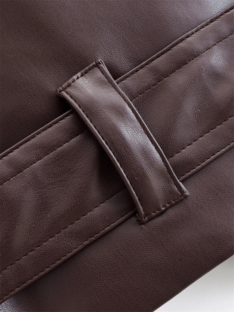 Cappotto da donna autunno nuovo stile marrone scuro manica lunga doppiopetto bavero cintura decorativa corta in ecopelle