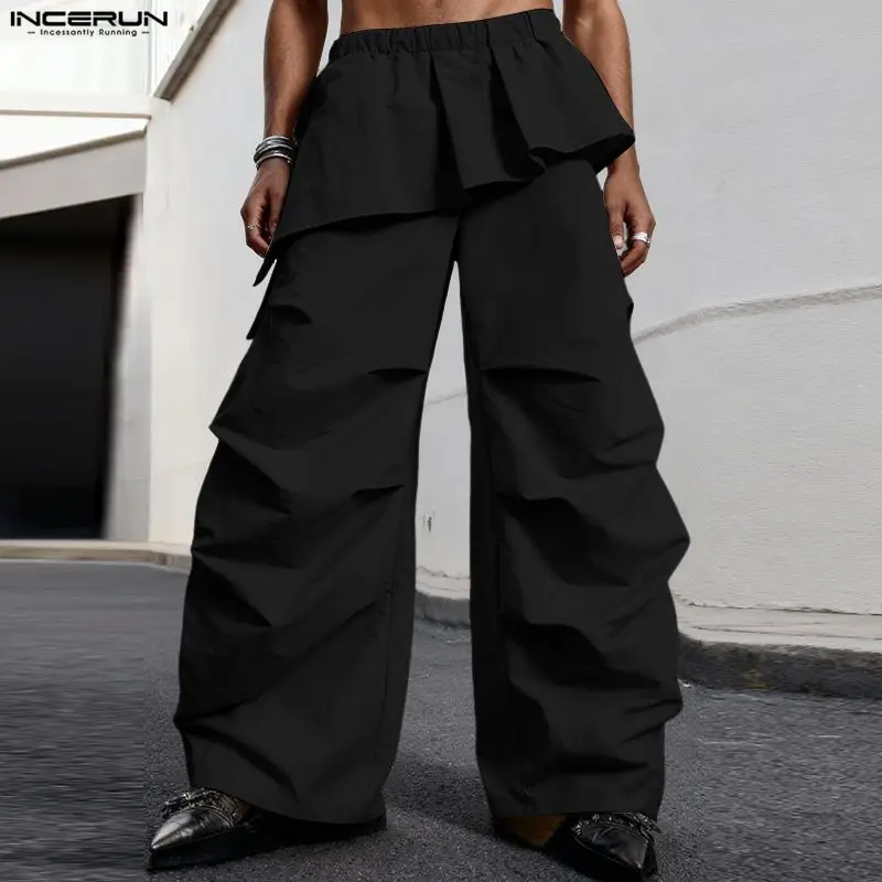 INCERUN Men Pants Solid Color Joggers Loose Elastic Waist Joggers Trousers Men Streetwear Pleated Fashion Casual Male Long Pants