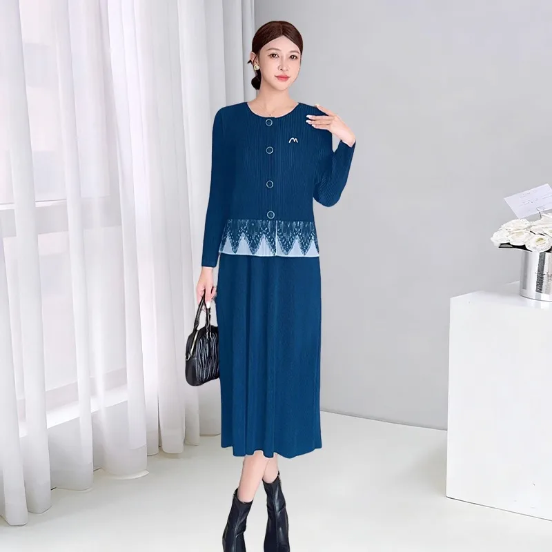 

Miyake плиссированный комплект с юбкой больших размеров, женский осенний новый кардиган с длинными рукавами, куртка с принтом, майка, длинная юбка, комплект из 2 предметов