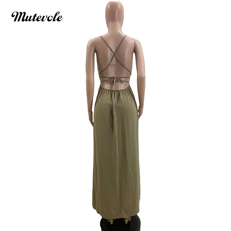 Mutevole Women Sexy High Split Backless Bandage Loose Cami Dress Spaghetti Strap Drawstring Long Dress