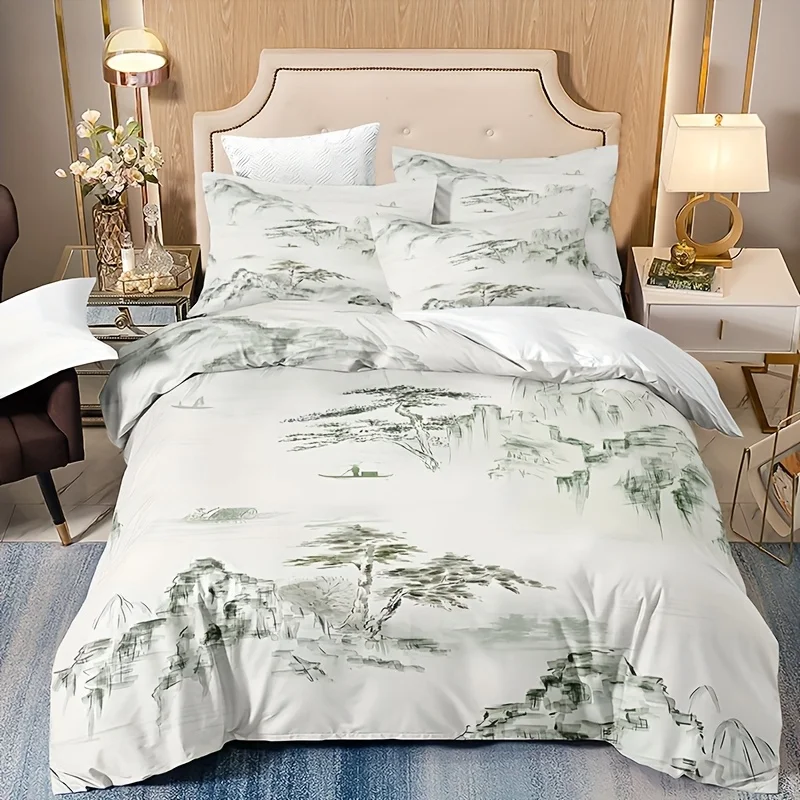 

3pcs Chinese Landscape Quilt Cover Set with Pillowcases - Soft, Breathable Polyester, Digital Print of Mountain and Tree Design
