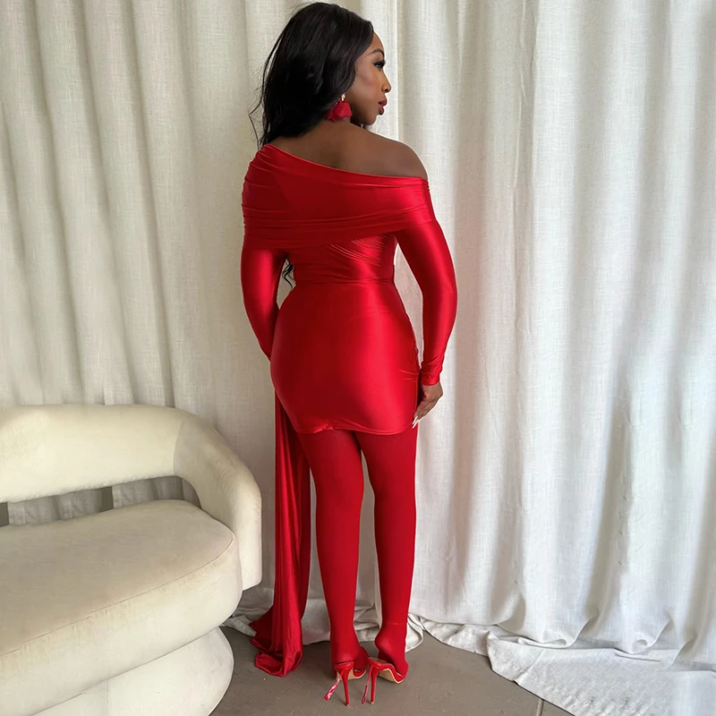 Womens One shoulder long sleeve short dresses Pleated mini Autumn winter Elegant party Evening Wedding guest ribbon Tight dress