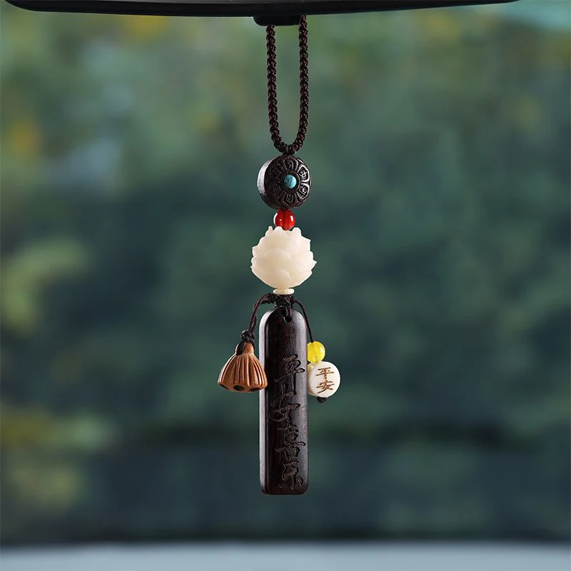 Natural Sandalwood Car Pendant Peace Token Bodhi Lotus Mirror Charm Symbol of Safety Blessing Car Hanging Decor for Protection