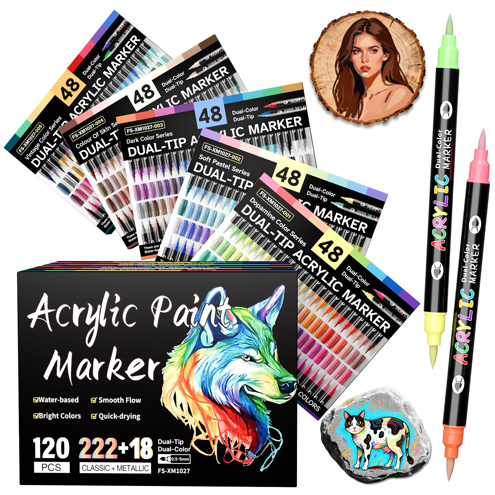 Acrylic Paint Markers, Dual tips Dual Color Acrylic Paint Pens for Rock Painting, Canvas, Wood, Glass, Ceramic, Fabric, Plastic