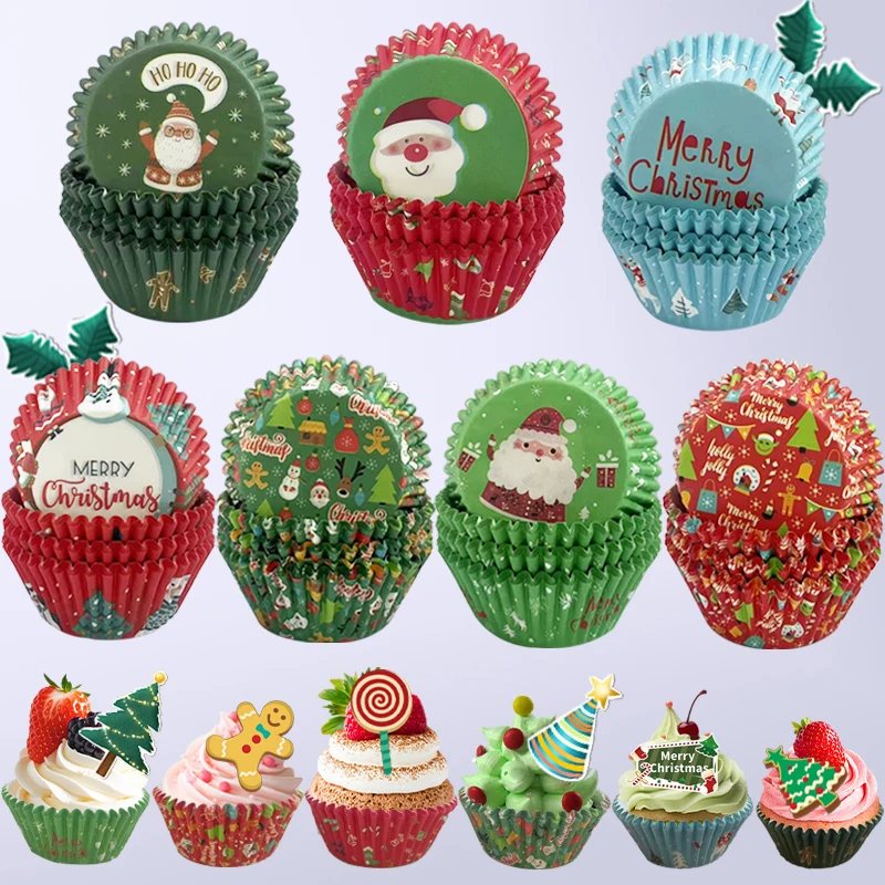 100Pcs/200Pcs Christmas Paper Cups - Random Styles, Oil-Proof Baking Paper Cups, Used for Christmas Cake Cups, Muffin Cups, High-Temperature Cupcake Paper Cups, Kitchen Baking Tools, Ideal for Baking Holiday Treats