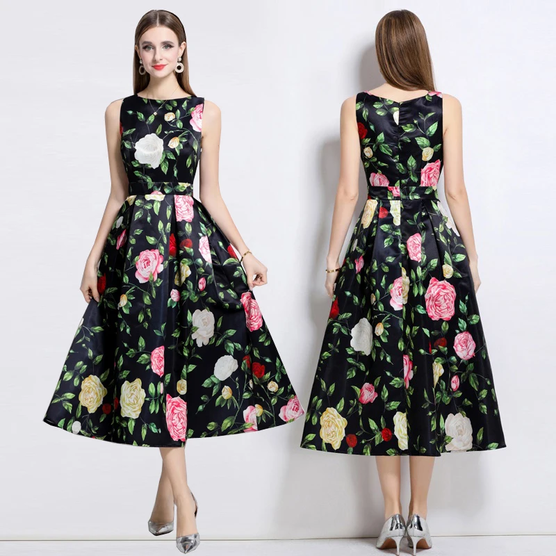 ชุดเดรสยาวพิมพ์ลายดอกไม้สุดหรูสไตล์เซเลบริตี้ ดีไซน์เข้ารูปทรงเอ กระโปรงทรงเอ เอวสูง สำหรับแฟชั่น