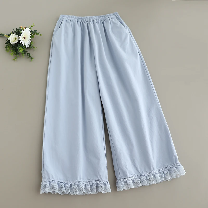 

Japanese Sweet Mori Girl Lace Patchwork Solid Color Straight Pants Women Summer New Elastic Waist Casual Loose Wide Leg Pants