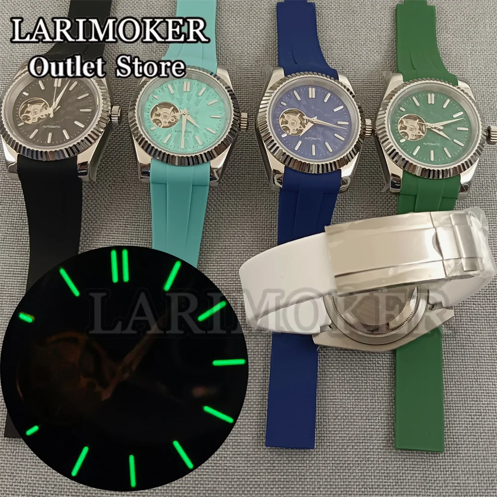 LARIMOKER 36mm/39mm NH38 Black blue green silver Dial Automatic Men Watch Waterproof Screw Crown Brush Strap Green Luminous