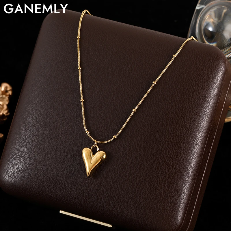 GANEMLY 316L Stainless Steel Heart Pendant Necklace for Women Stylish Neck Chain 18 K Gold Plated Jewelry Waterproof Party Gift