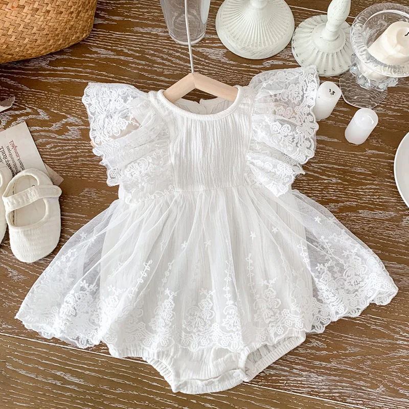 

2024 New Summer Newborn Baby Girls Romper Flying Sleeve Cotton Mesh Splicing Toddler Baby Jumpsuit 0-24M Children Clothes