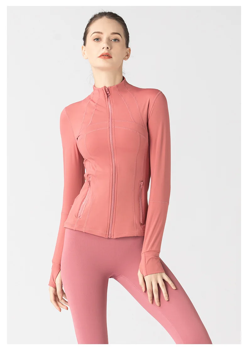 

Women's quick drying breathable elastic standing neck zipper pocket long sleeved top running sports fitness yoga suit jacket