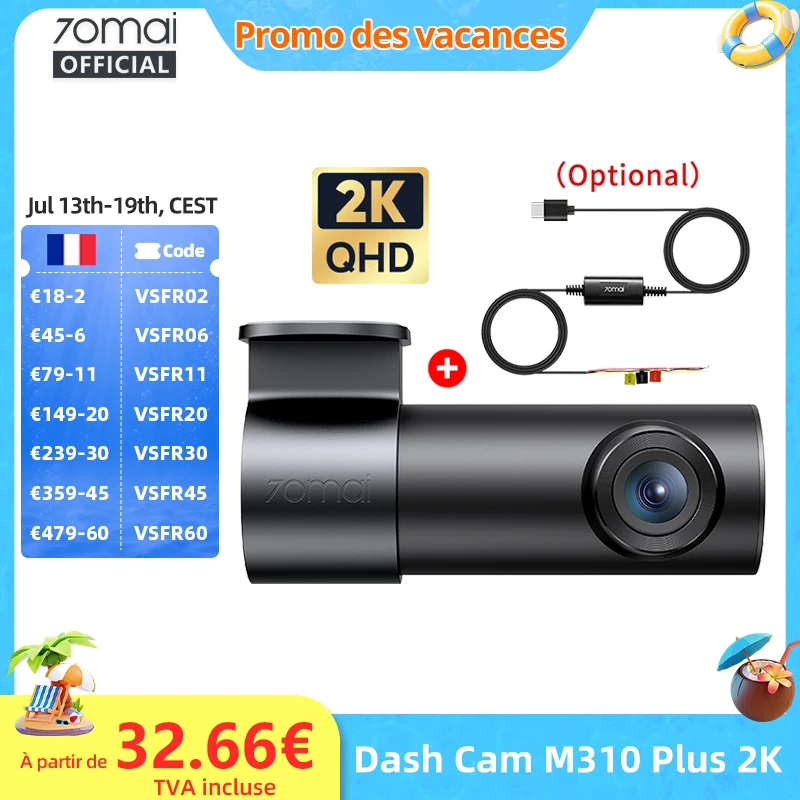 Caméra de tableau de bord 70mai M310 Plus 2K 1440P, Super Vision nocturne, ouverture F1.55 70mai M310 2K, DVR de voitur…