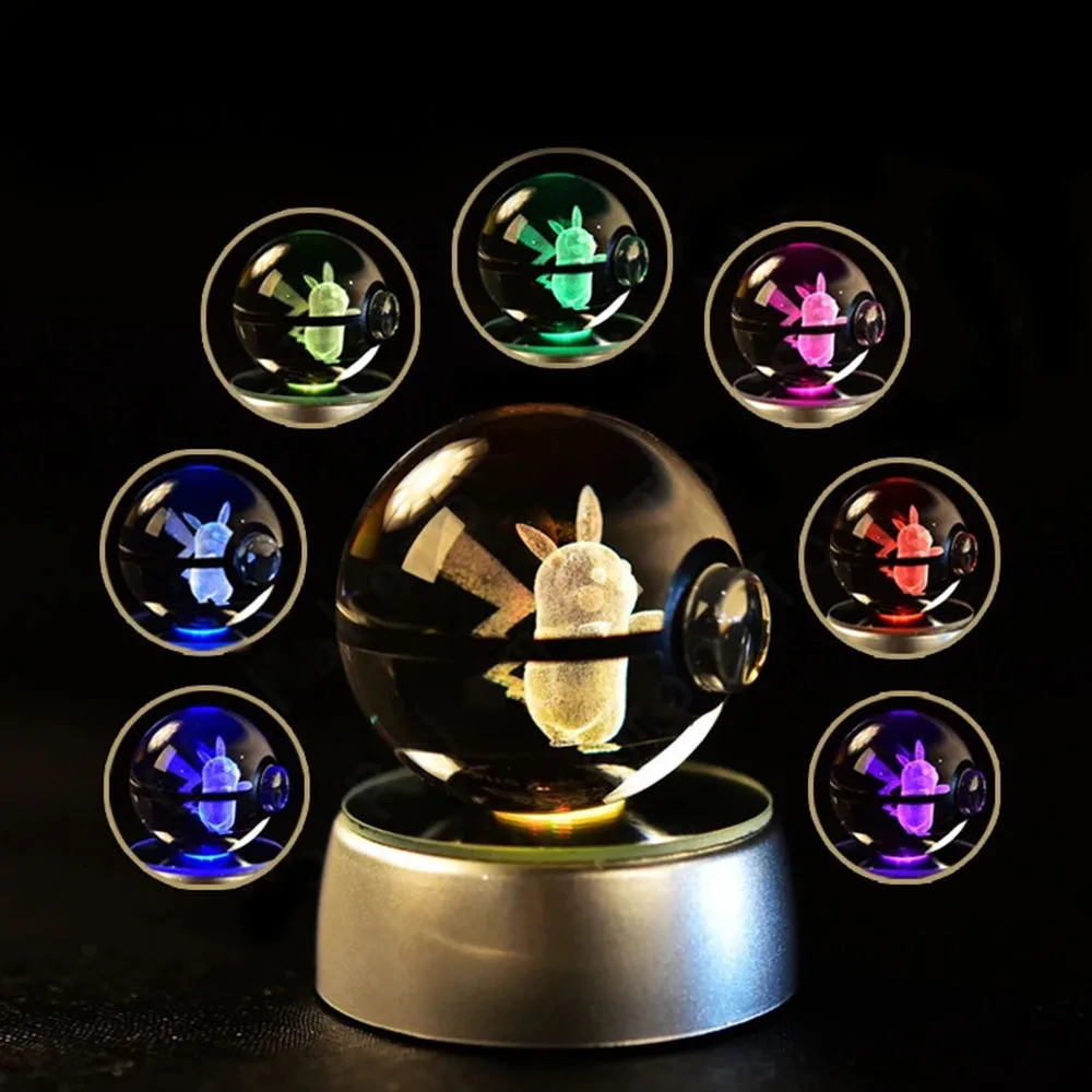 3D Crystal Ball Pikachu Gengar Mew Mewtwo Figurines Lamp Base Pokeball 3D Glass Ball Statue Kids Birthday Gift