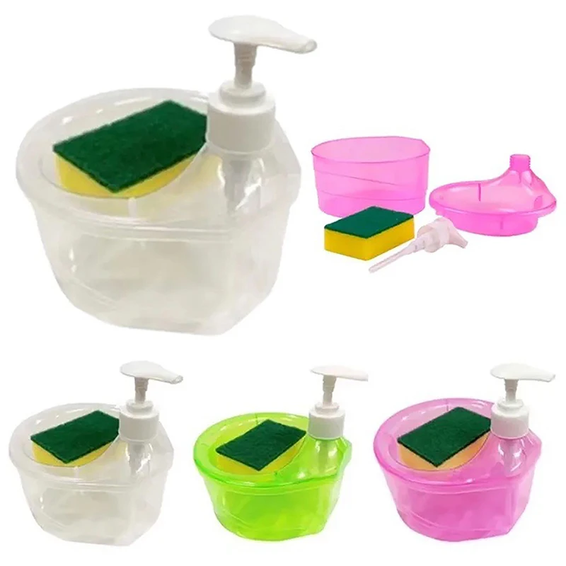 Soap Dispenser and Scrubber Holder Multifunctional Dishwashing Container 1000ml Manual Sink Dish Washing