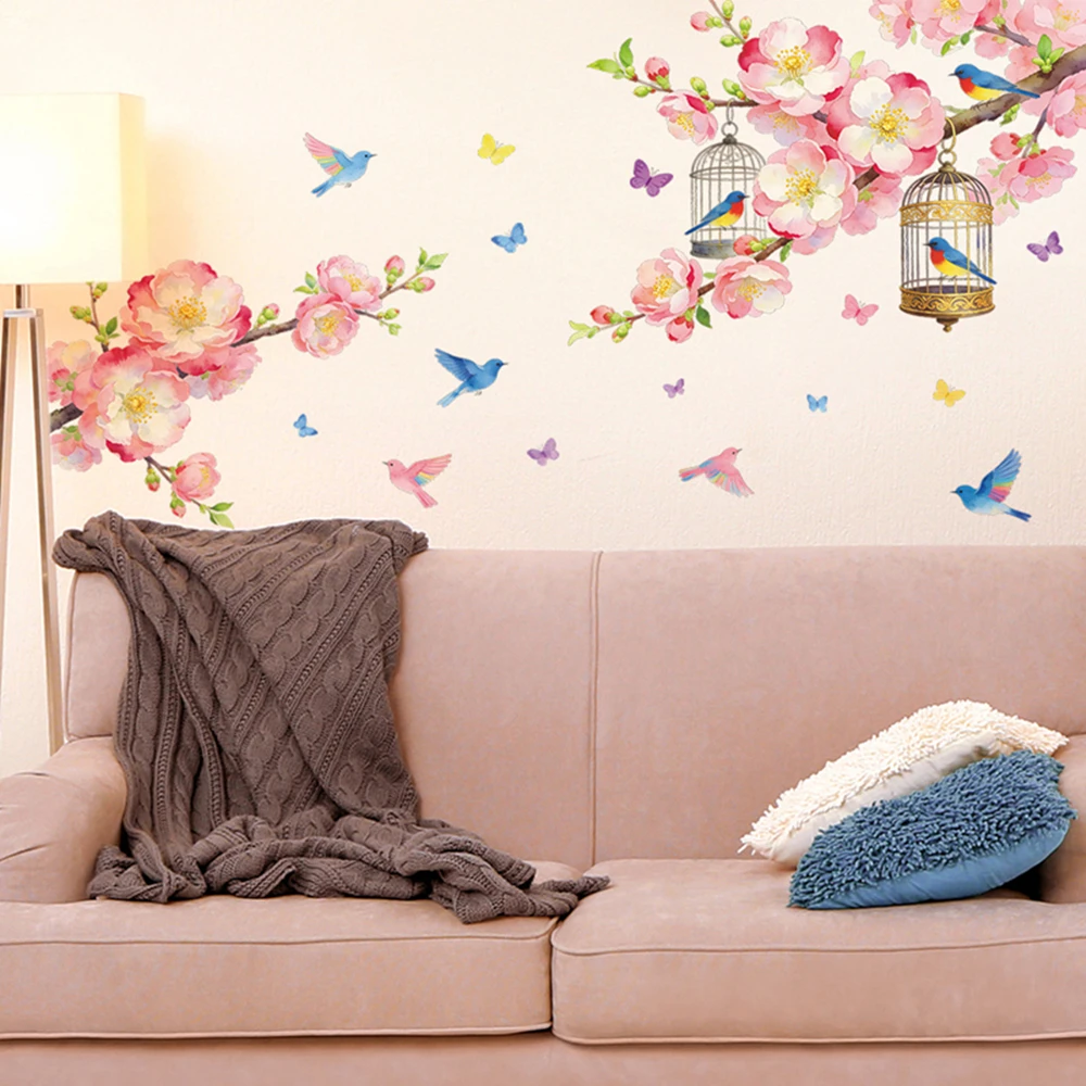Big Peach Blossom Branch Removable Wall Stickers, Birds Birdcage Butterfly Vinyl Decals, Joyous Home Decor for Aesthetic Rooms