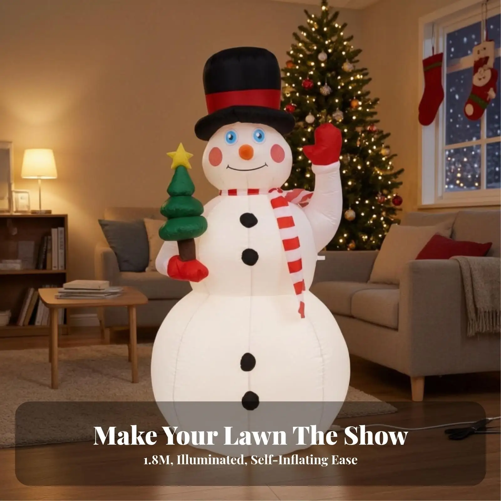 Inflatable Snowman Yard Art with Striped Scarf and Smile for Outdoor Christmas Holiday Lawn Display