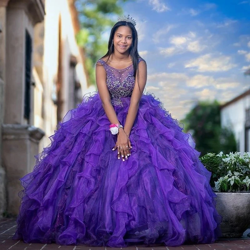 

2024 Ball Gown Purple Quinceanera Dress Tiered Ruffles Beading Tulle Women Robe De Soiree Sweet 16 Party Dress