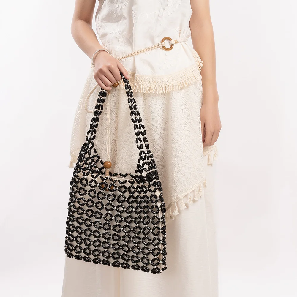 

New Beaded Bag Retro Solid Color Hollow Out Niche Design for Beach Vacation Women's Shoulder Bags Cross-border Ladies Handbag