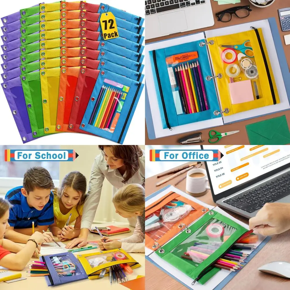 

Массовые пеналы на молнии, 72 упаковки прозрачных оконных чехлов для переплетов с 3 отверстиями, набор пеналов разных цветов