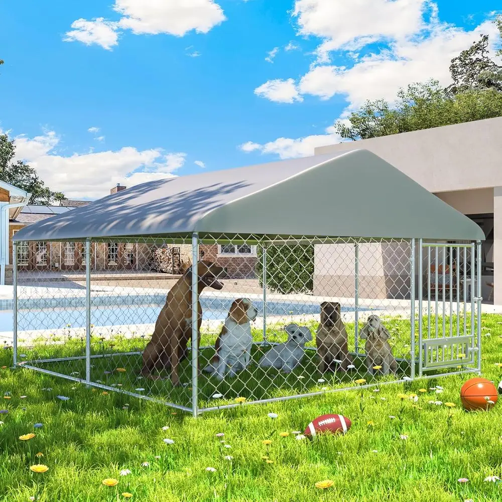 

10ft x 10ft Outdoor Dog Kennel with Roof, Secure Lock, and Textilene Door for Large Dogs