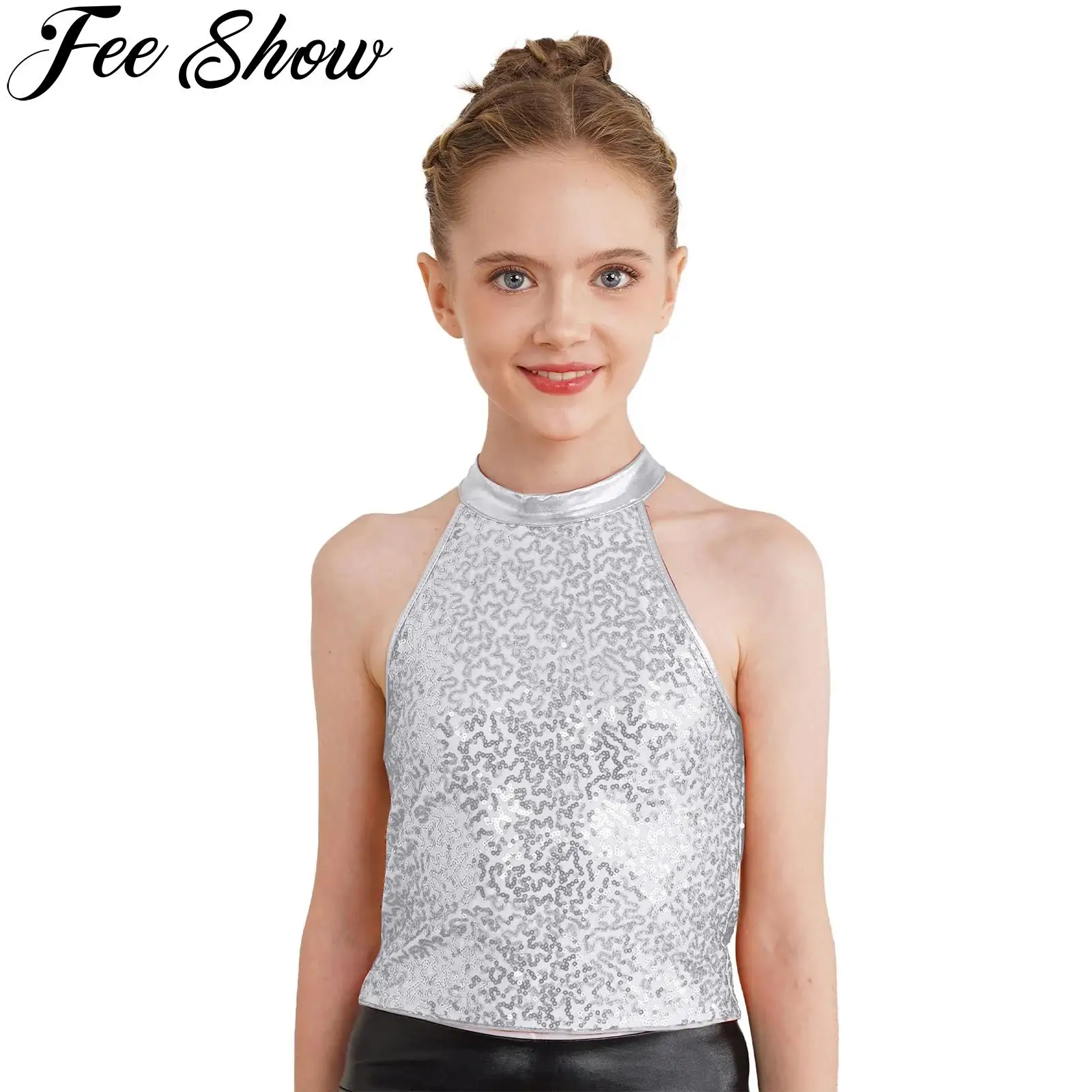 Kids Girls Sparkling Sequin Halter Crop Top Sleeveless Backless Tops for Cheerleading Jazz Dance Gymnastics Stage Performance