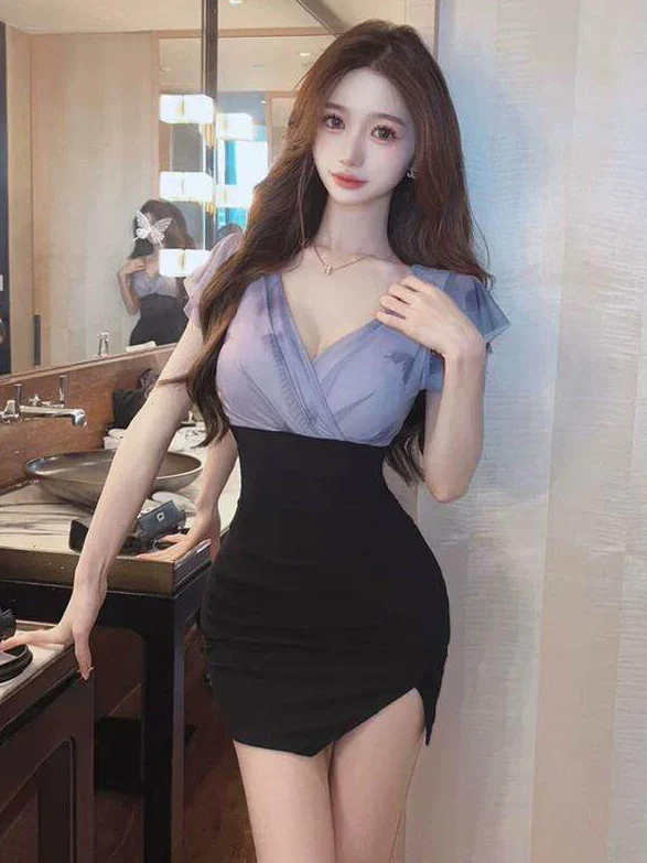 

plus Size Women's Sexy Splice Short Sleeve Low Cut Dress Summer Waist Cinched Bodycon Short Skirt Korean Style Printed Dress