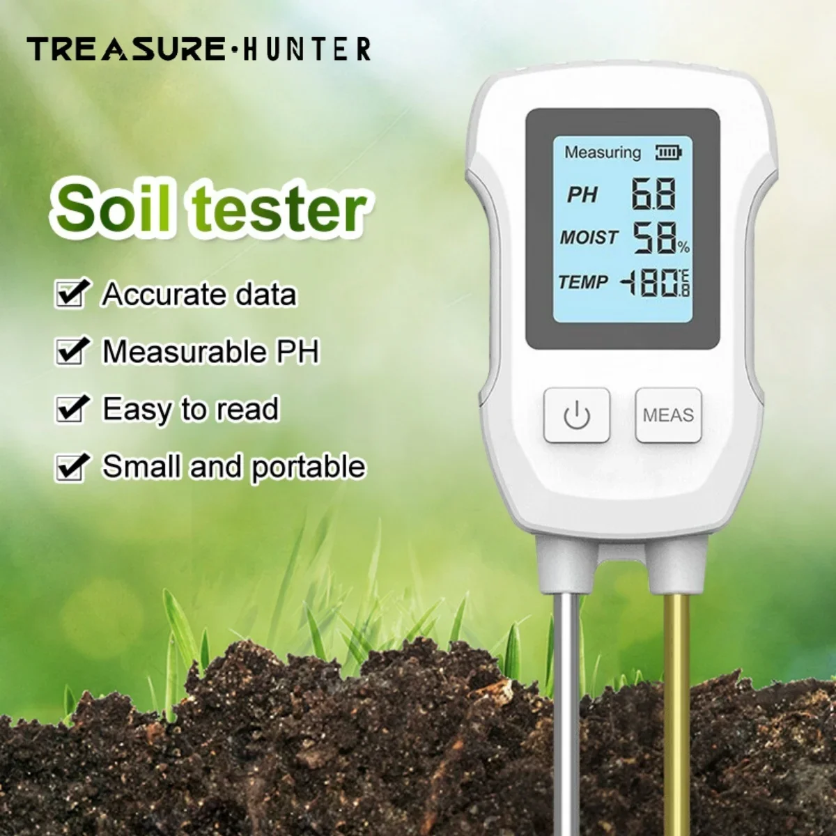 Treasure Hunter 3 in 1 Soil PH Detector Tester LCD Screen Temperature Moisture Meter For Gardening Flower Potted Plantation