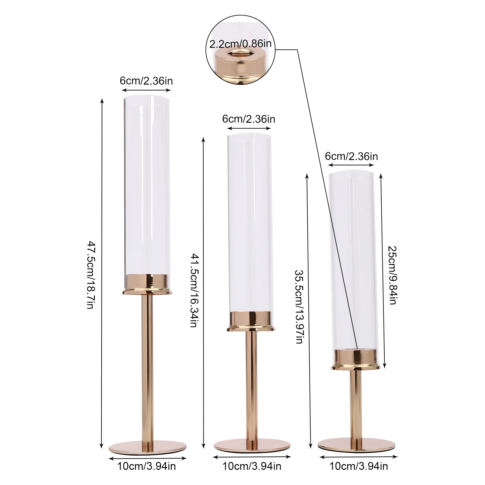 6pcs Candle Holder, Windproof Glass Pillar Holder, Gold Iron Different Heights Stand with Glass Cover Durable Decor for Party Table Centerpiece