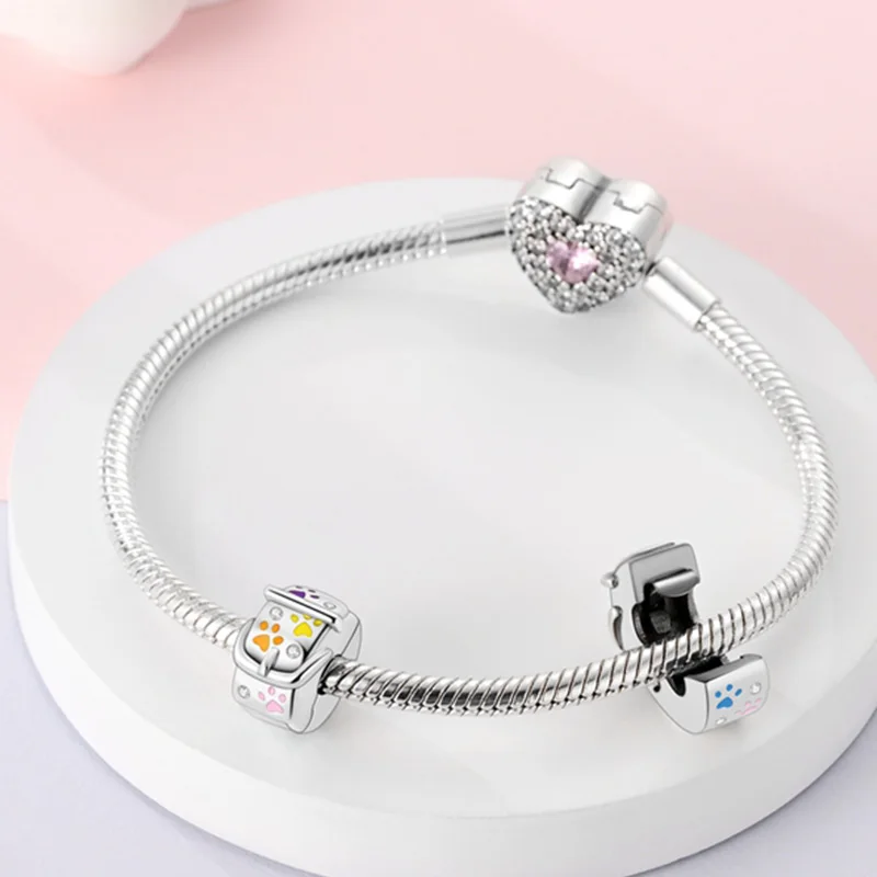 

925 Sterling Silver Dog Collar Colored Paw Print Fixing Clipt Charms Bead Fit Original Bracelet DIY Women Birthday Jewelry Gifts
