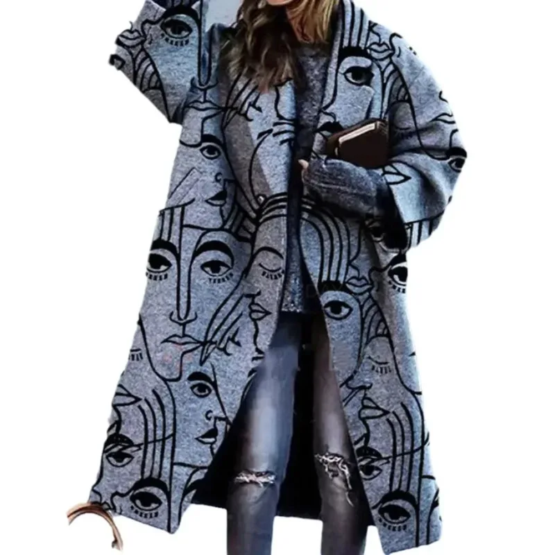 Women Printed Casual Long Sleeve Autumn Winter Fashion Loose Coat Wool Blend Jacket Trench