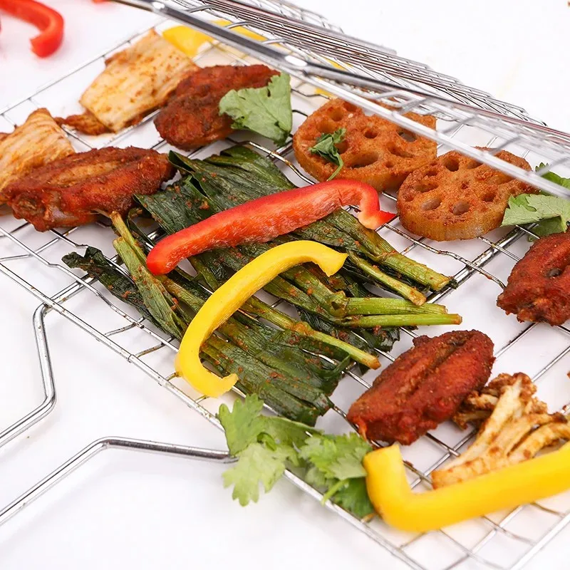 D9 Outdoor BBQ Cookware Fish Clip Grilling Basket Grill Mesh Mat Wooden Handle Barbecue Meat Vegetable Steak Picnic Net BBQ Tong