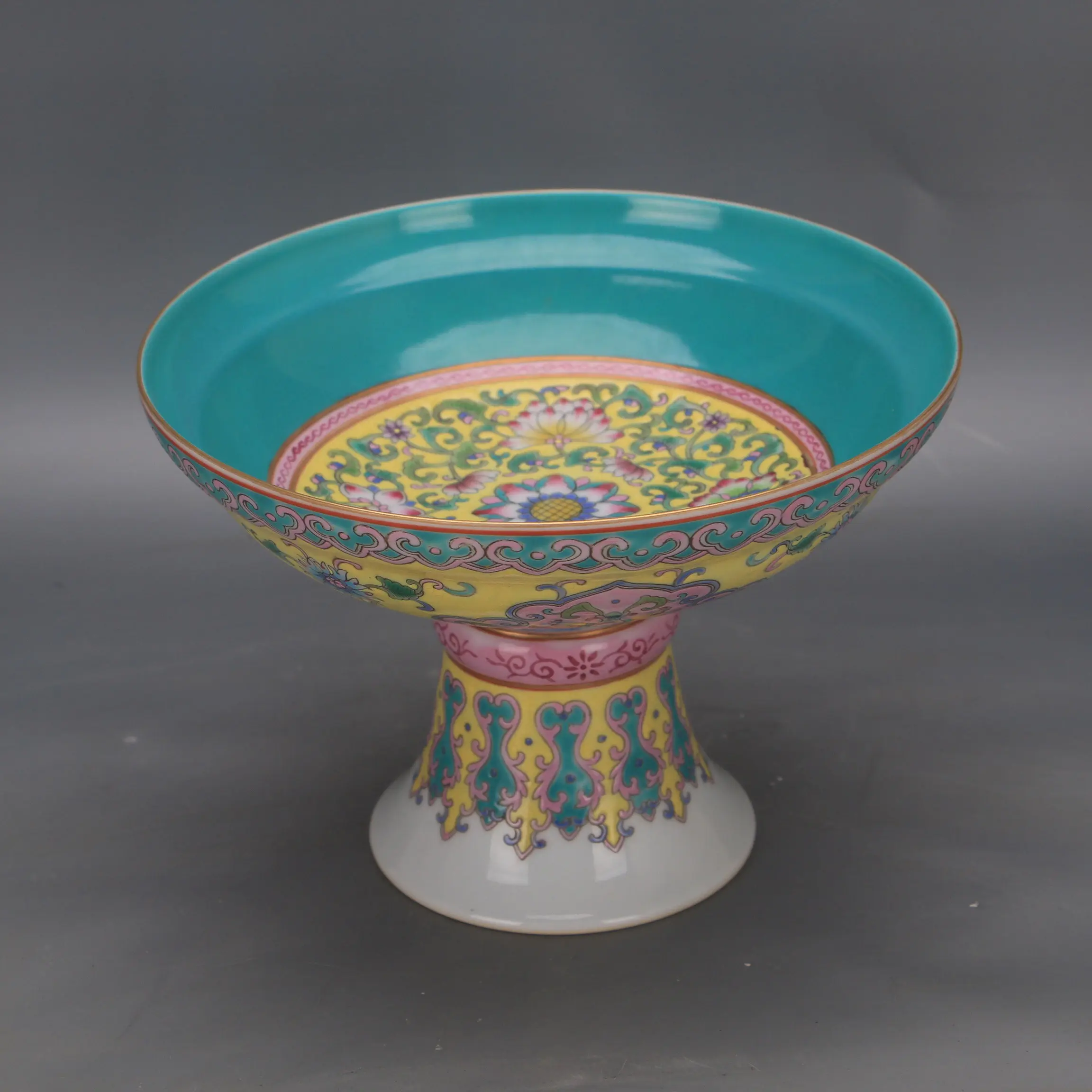 Famille Rose Porcelain High Foot Fruit Plate Yongzheng Style Replica Heavy Gold Hand Painted Home Decor Collectible