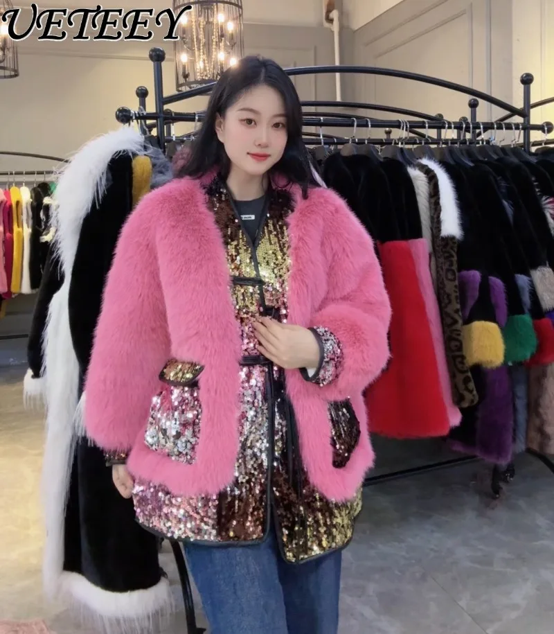 Winter New Shiny Heavy Craft Patchwork Faux Fur Coat Young Fashionable Elegant Versatile Long Sleeve Fur Jacket for Women