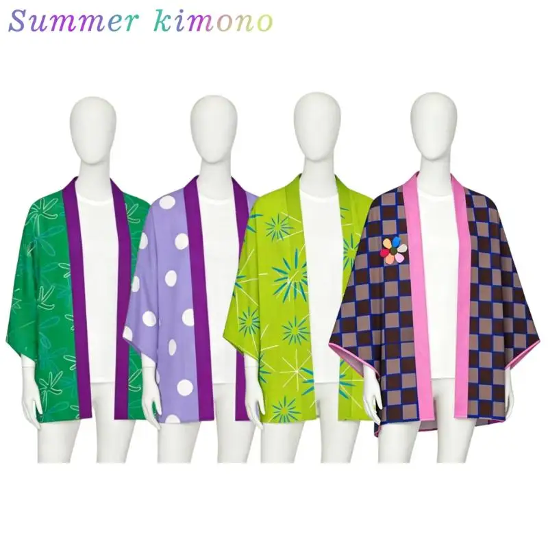 

Japanese Style Kimono Cardigan Loose 7 Sleeve Open Front Robe Casual Beach Cover Up with Star Print Polka Dot Floral Grid Patter