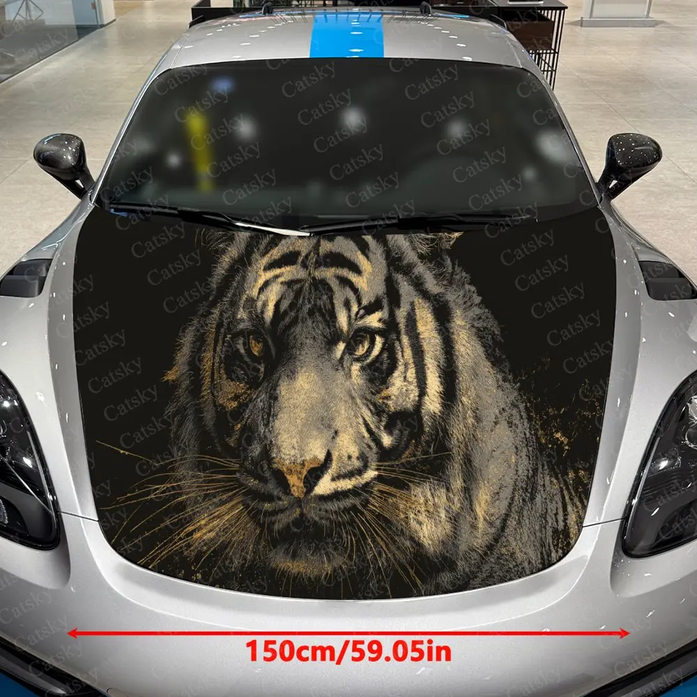 Fierce Tiger Angry-Eye Car Vinyl Wrap, PVC Waterproof Car Hood Sticker, Self-Adhesive Scratch-Resistant Sticker for Engine Cover