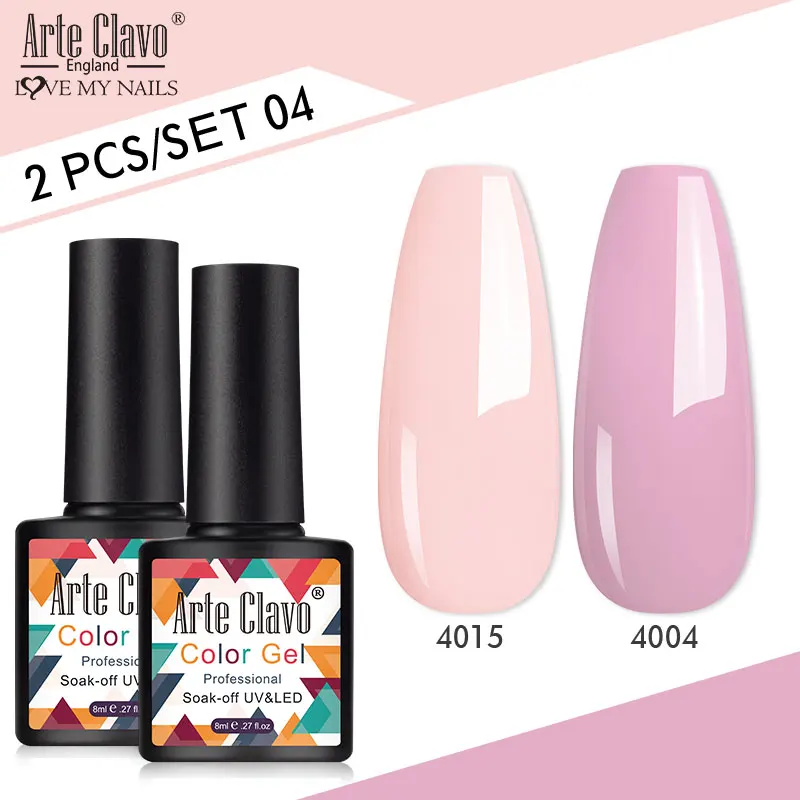 Arte Clavo 8 ml Gel-Nagellack-Set, 2 Stück/Set, semi-permanentes, helles Gel, Soak Off-UV-Gel mit Basis, mattes Decklack-Maniküre-Set