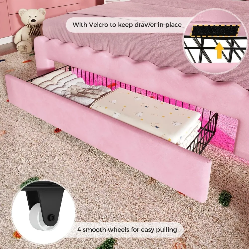 إطار سرير LED كامل الحجم مع درج تخزين ومحطة شحن، سرير منجد بربطة عنق مع لوح رأسي أنيق قابل للتعديل، مخمل #6