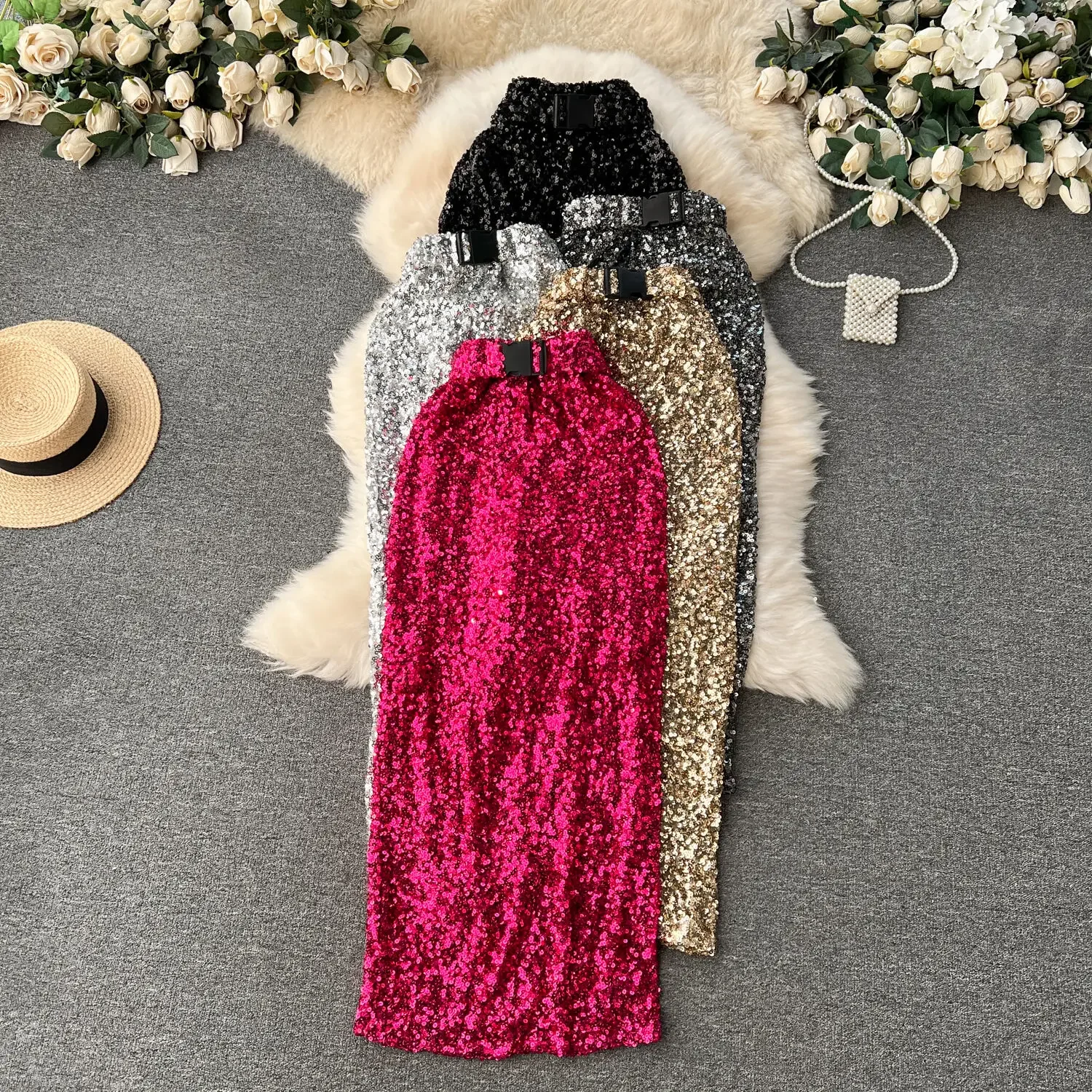 Foamlina Elegant Glitter Sequin Skirt for Women Fashion Solid Vintage Style High Waist Slim Stretch Back Slit Long Bodycon Skirt