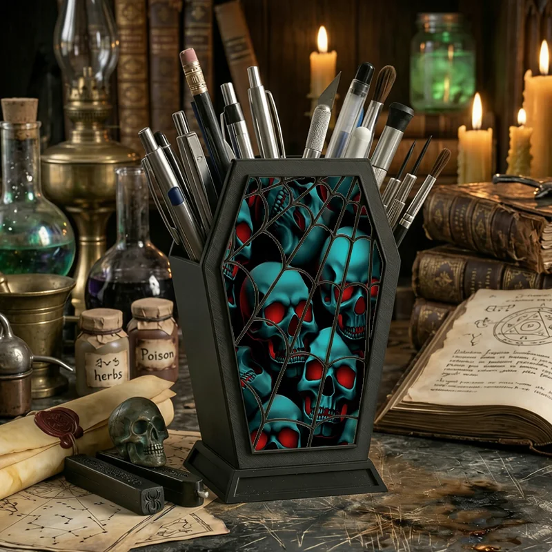 Gothic Teal Skull Pen Holder Spider Web Pattern Pencil Cup Spooky Desktop Stationery Organizer Halloween Home Office Desk Decor