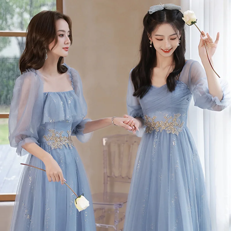 Blau Brautjungfer Kleid Elegante Französisch Abend Gonws 4 Styls Shiny Appliqué Klassische Tüll Hochzeit Gast Kleid 2022