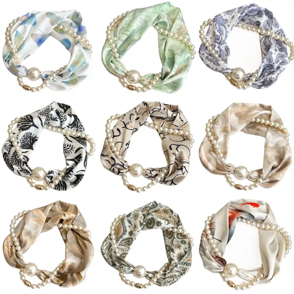 

Silk Material Magnetic Pearl Scarf Small Pearl Magnetic Buckle Long Thin Shawl Long Style Neck Warmer Neck Protection
