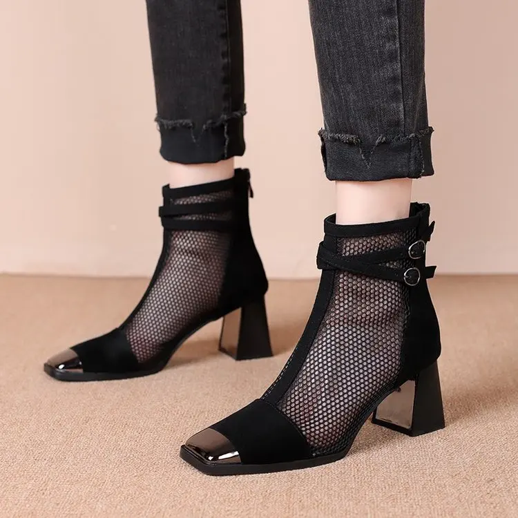 Night Shadow Chunky Heel Boots for Women Mesh Square Toe Metal Cap Double Buckle Back Zipper Breathable Comfortable Summer Shoes