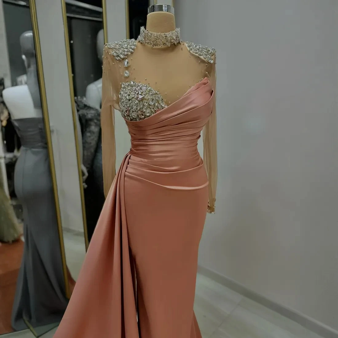 Crystal Mermaid Evening Dress for Women High Neck Long Sleeves Prom Dresses Plus Size Beaded vestidos gala novia Overskirt
