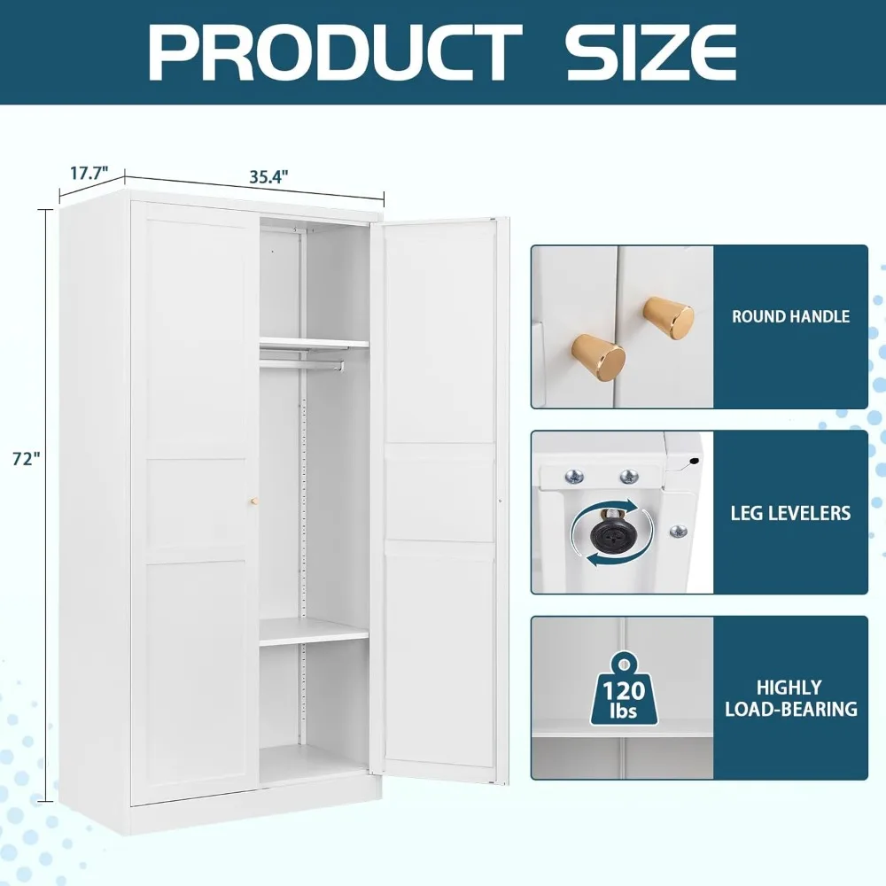 Wardrobe with 2 Doors Metal Wardrobe Cabinet with Hanging Rod for Bedroom Laundry Room Clothes Storage Organizer Cabinets